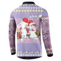 Light purple unicorn holiday button sweatshirt, back view with festive stars and glittery print