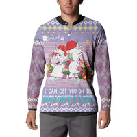 Light purple unicorn holiday button sweatshirt on model, front print with black collar