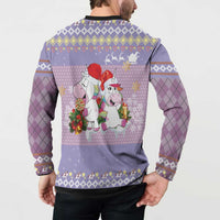 Light purple unicorn holiday button sweatshirt on model, back print with black collar cuffs