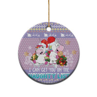 Light purple unicorn ceramic ornament with hanging loop, "I CAN GET YOU ON THE NAUGHTY LIST"