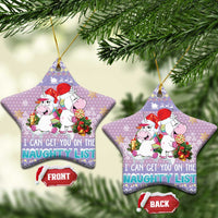 Light purple star-shaped unicorn ceramic ornaments with "I CAN GET YOU ON THE NAUGHTY LIST"