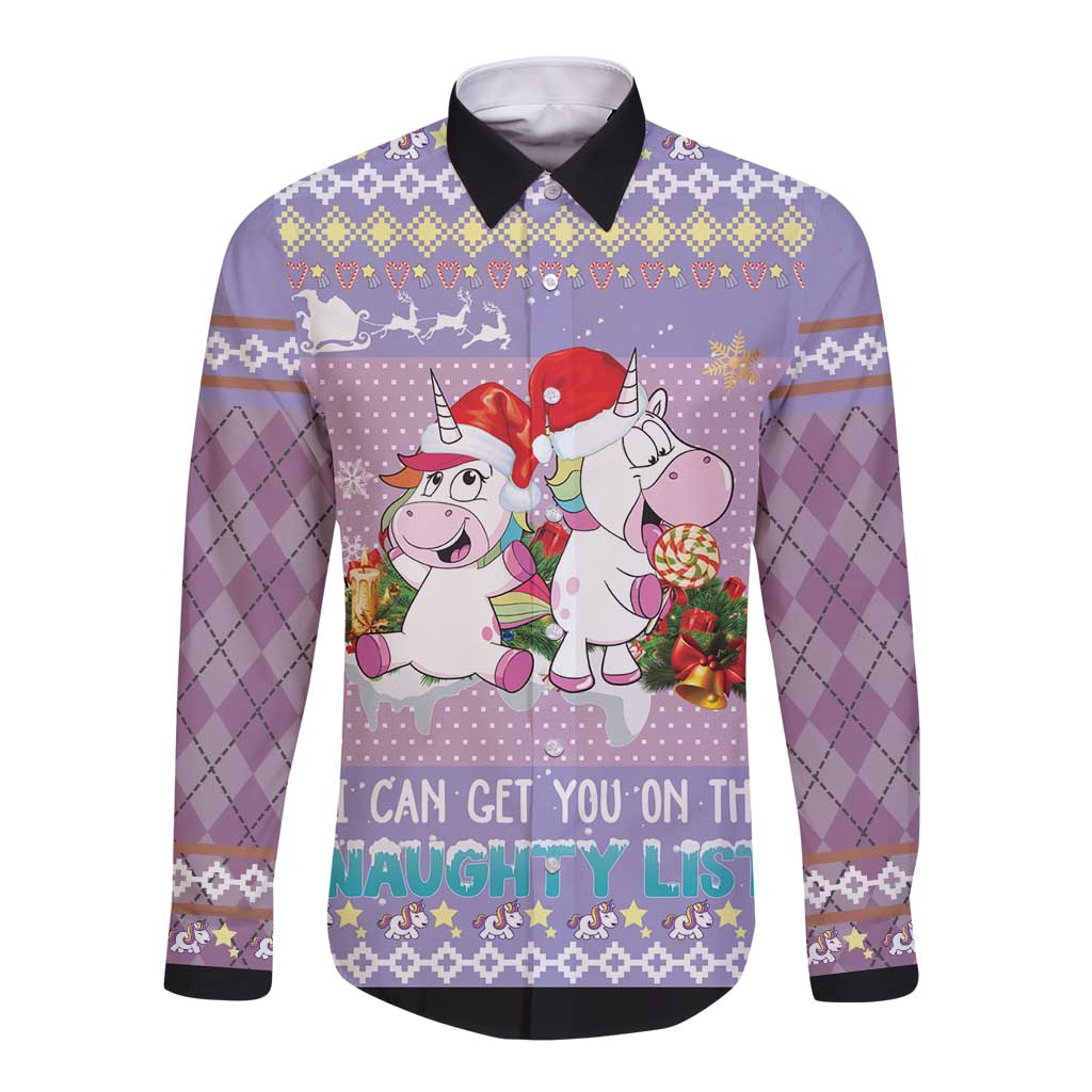 Light purple long-sleeve button shirt with unicorn 'Naughty List' holiday graphic