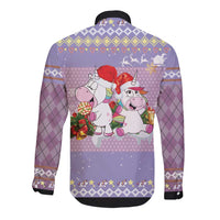 Light purple long-sleeve button shirt, back print with unicorns and festive accents