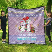 Light purple unicorn Christmas quilt with "Naughty List" text and festive characters