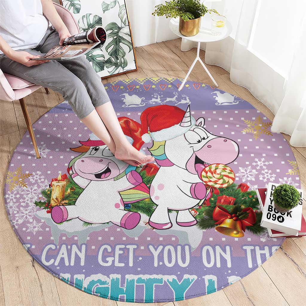 Light purple round unicorn Christmas rug with two unicorns and colorful candy, 'CAN GET YOU ON THAT'