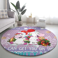 Light purple round unicorn Christmas rug with two unicorns holding sweets, 'CAN GET YOU ON THAT' lettering