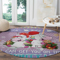 Light purple round unicorn Christmas rug with unicorns, holly and gifts, 'CAN GET YOU ON THAT' text