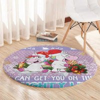 Light purple round unicorn Christmas rug with two unicorns, candy cane and lollipops, 'CAN GET YOU ON THAT'