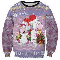 Light purple unisex sweatshirt with unicorn holiday graphic, candy cane, and black crew neckline