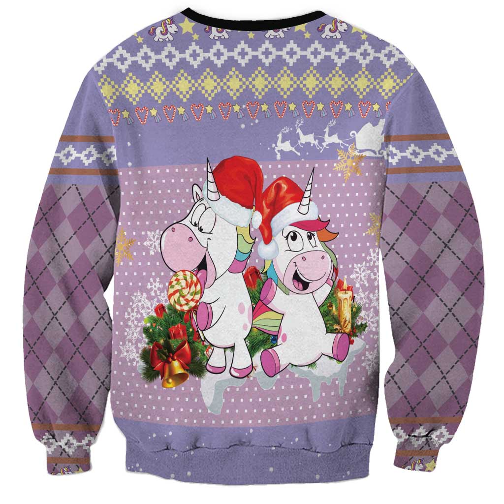 Light purple sweatshirt back view with unicorns holding gifts, patterned sleeves, black collar trim