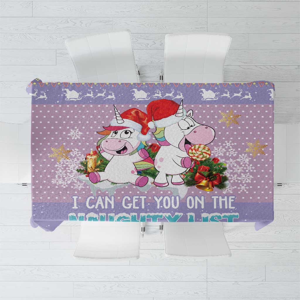 Purple Christmas tablecloth with unicorns and 'Naughty List' message print