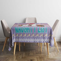 Light purple Christmas tablecloth with unicorn row and aqua 'Naughty List' text