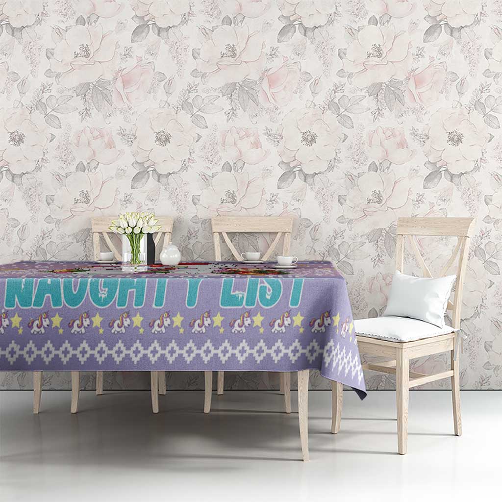Light purple Christmas unicorn tablecloth with 'Naughty List' headline and star accents