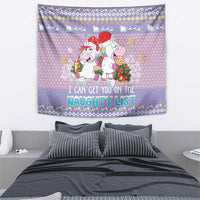 Light purple Christmas tapestry featuring unicorns holding gifts and 'Naughty List' lettering