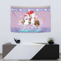 Light purple Christmas wall tapestry with unicorn characters and 'Naughty List' quote