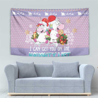 Light purple unicorn Christmas tapestry with I Can Get You On The Naughty List message
