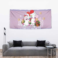 Light purple Christmas tapestry with three unicorns holding holiday gifts
