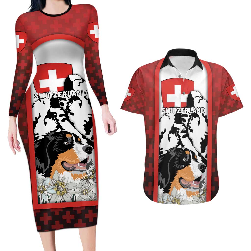 Switzerland Bernese Mountain Dog Couples Matching Long Sleeve Bodycon Dress and Hawaiian Shirt Edelweiss Coat Of Arms