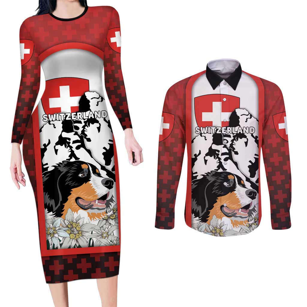 Switzerland Bernese Mountain Dog Couples Matching Long Sleeve Bodycon Dress and Long Sleeve Button Shirt Edelweiss Coat Of Arms