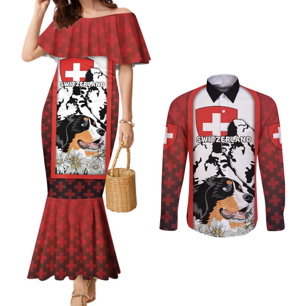 Switzerland Bernese Mountain Dog Couples Matching Mermaid Dress and Long Sleeve Button Shirt Edelweiss Coat Of Arms