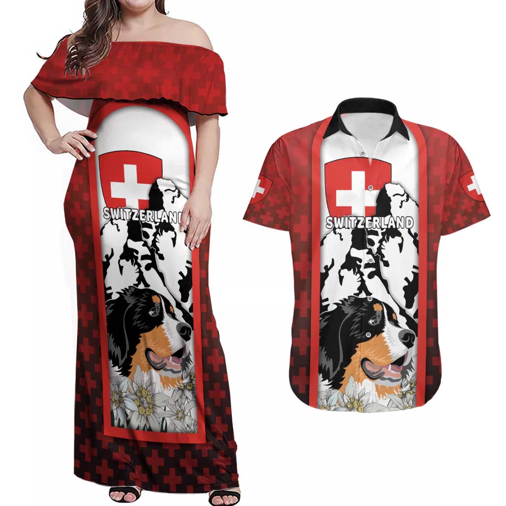 Switzerland Bernese Mountain Dog Couples Matching Off Shoulder Maxi Dress and Hawaiian Shirt Edelweiss Coat Of Arms