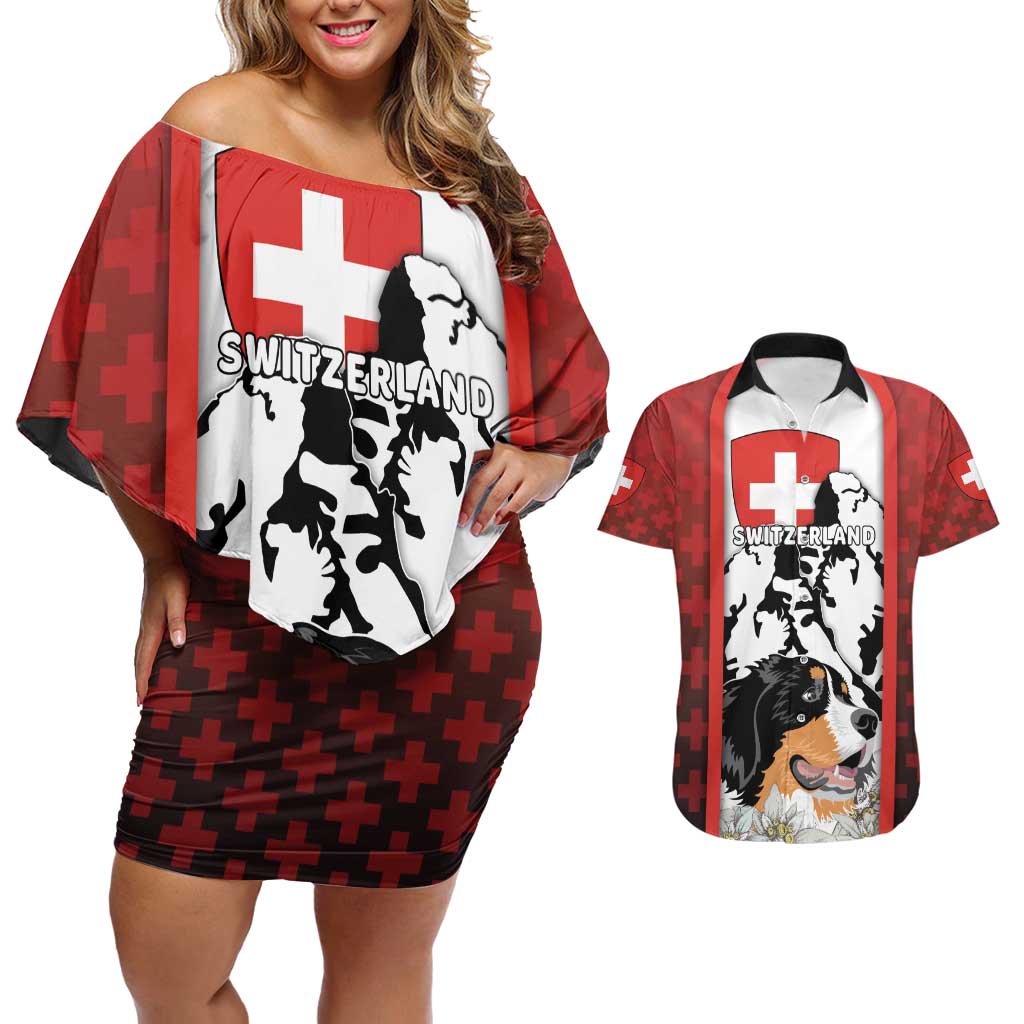 Switzerland Bernese Mountain Dog Couples Matching Off Shoulder Short Dress and Hawaiian Shirt Edelweiss Coat Of Arms