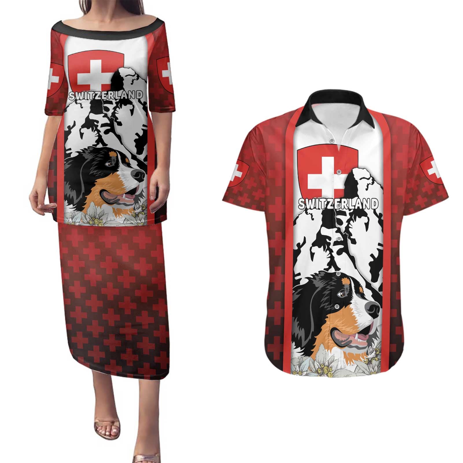 Switzerland Bernese Mountain Dog Couples Matching Puletasi and Hawaiian Shirt Edelweiss Coat Of Arms