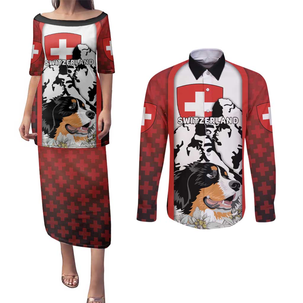 Switzerland Bernese Mountain Dog Couples Matching Puletasi and Long Sleeve Button Shirt Edelweiss Coat Of Arms