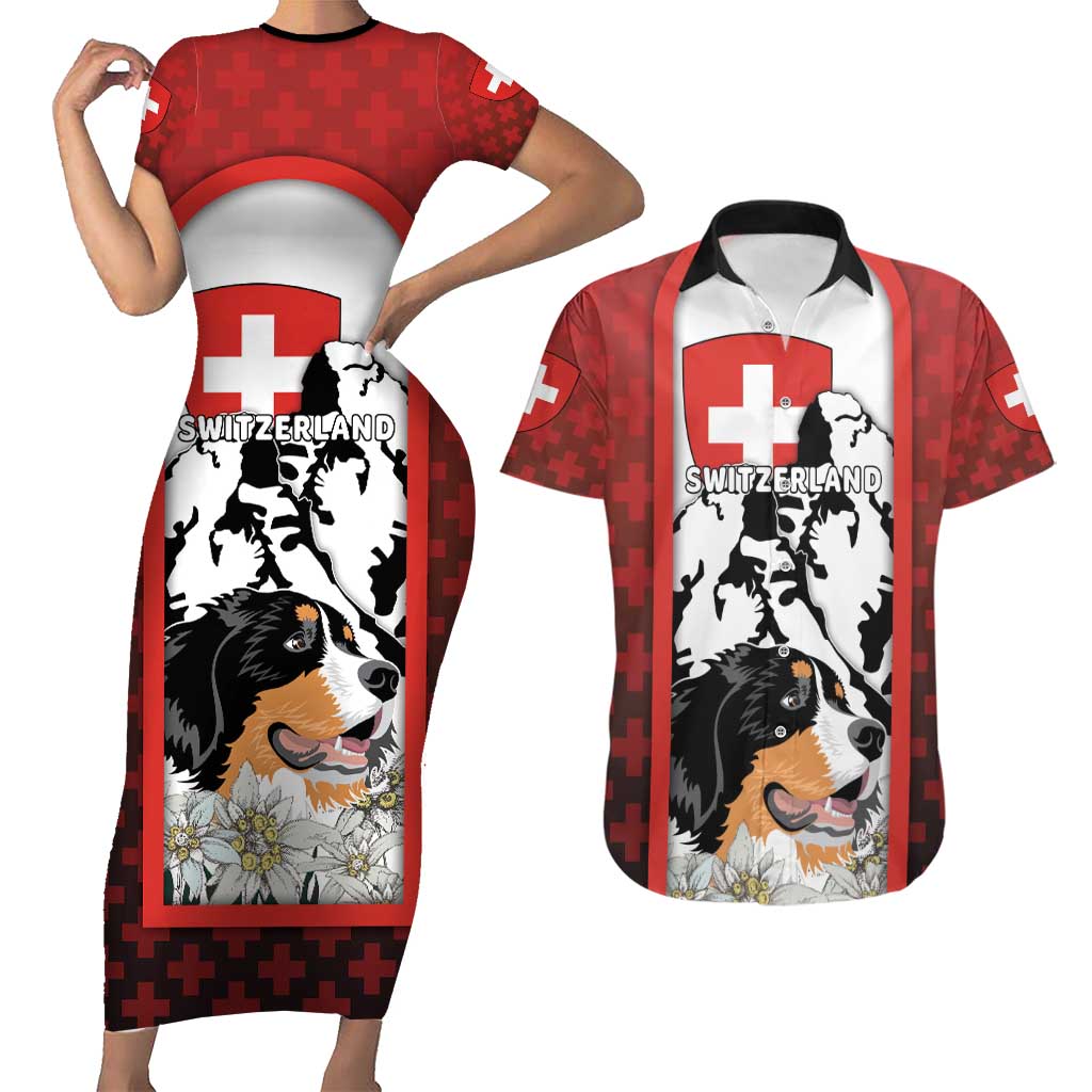 Switzerland Bernese Mountain Dog Couples Matching Short Sleeve Bodycon Dress and Hawaiian Shirt Edelweiss Coat Of Arms