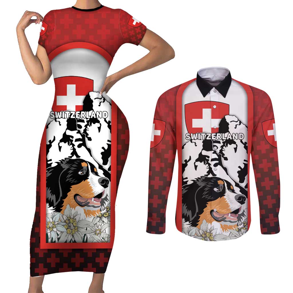 Switzerland Bernese Mountain Dog Couples Matching Short Sleeve Bodycon Dress and Long Sleeve Button Shirt Edelweiss Coat Of Arms