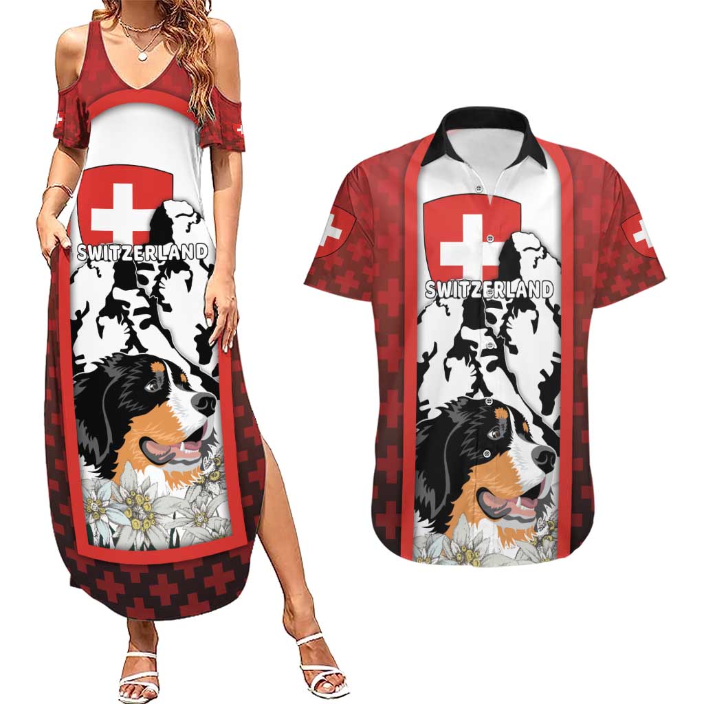 Switzerland Bernese Mountain Dog Couples Matching Summer Maxi Dress and Hawaiian Shirt Edelweiss Coat Of Arms