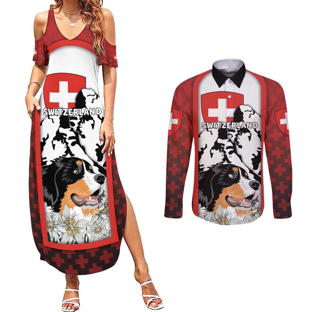 Switzerland Bernese Mountain Dog Couples Matching Summer Maxi Dress and Long Sleeve Button Shirt Edelweiss Coat Of Arms