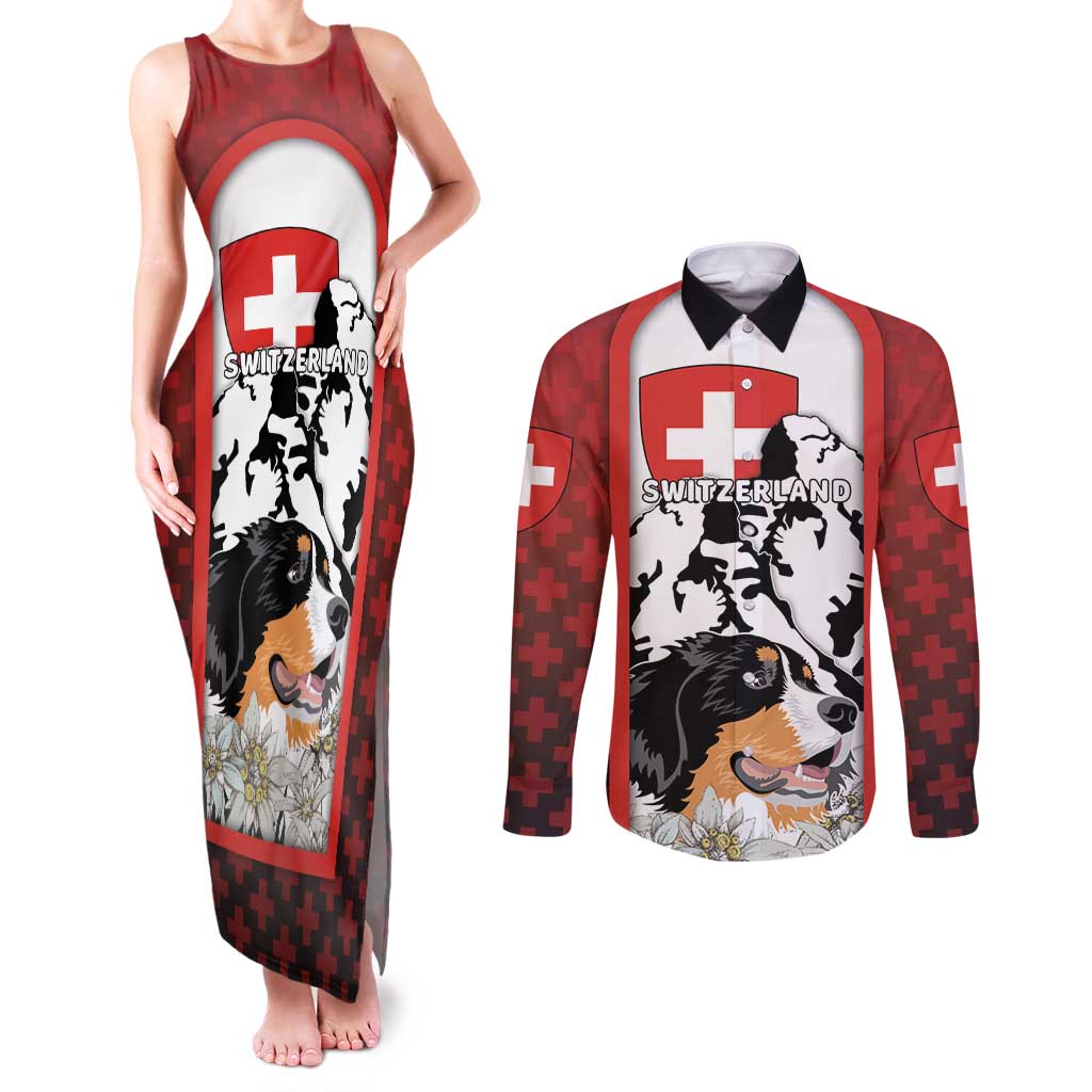 Switzerland Bernese Mountain Dog Couples Matching Tank Maxi Dress and Long Sleeve Button Shirt Edelweiss Coat Of Arms