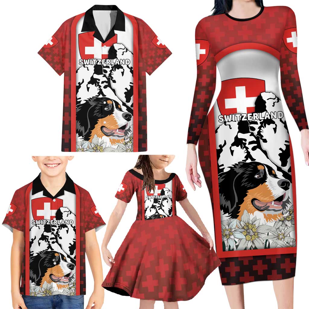 Switzerland Bernese Mountain Dog Family Matching Long Sleeve Bodycon Dress and Hawaiian Shirt Edelweiss Coat Of Arms