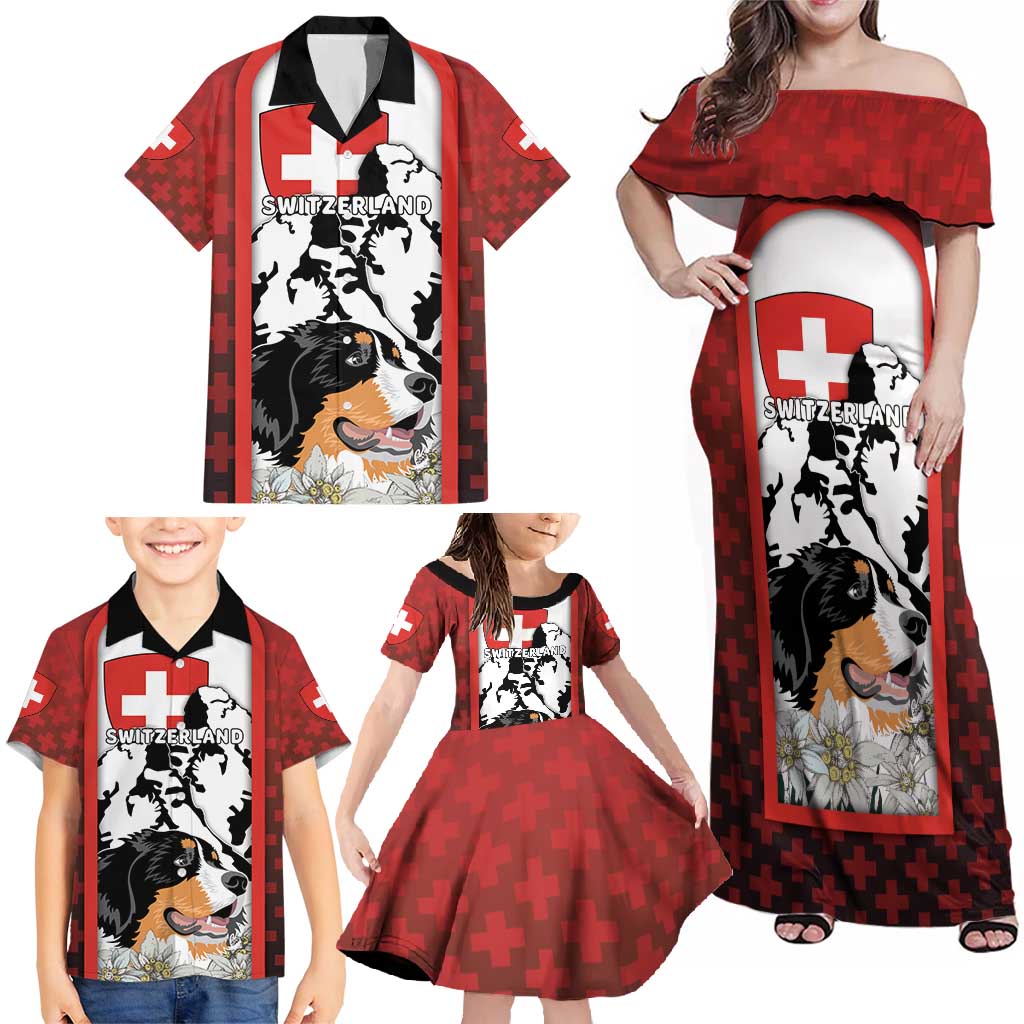 Switzerland Bernese Mountain Dog Family Matching Off Shoulder Maxi Dress and Hawaiian Shirt Edelweiss Coat Of Arms