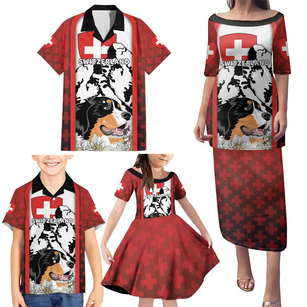 Switzerland Bernese Mountain Dog Family Matching Puletasi and Hawaiian Shirt Edelweiss Coat Of Arms