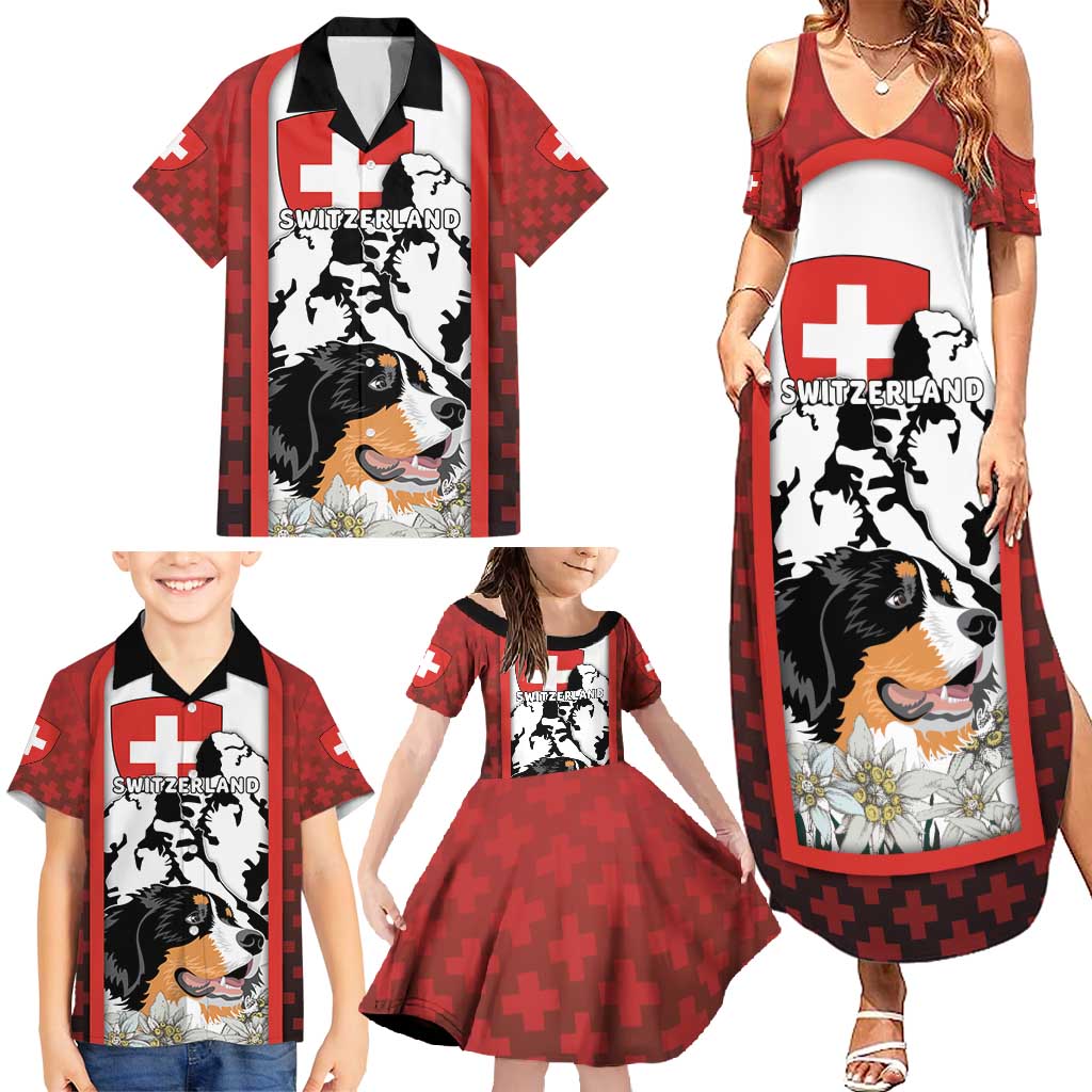 Switzerland Bernese Mountain Dog Family Matching Summer Maxi Dress and Hawaiian Shirt Edelweiss Coat Of Arms