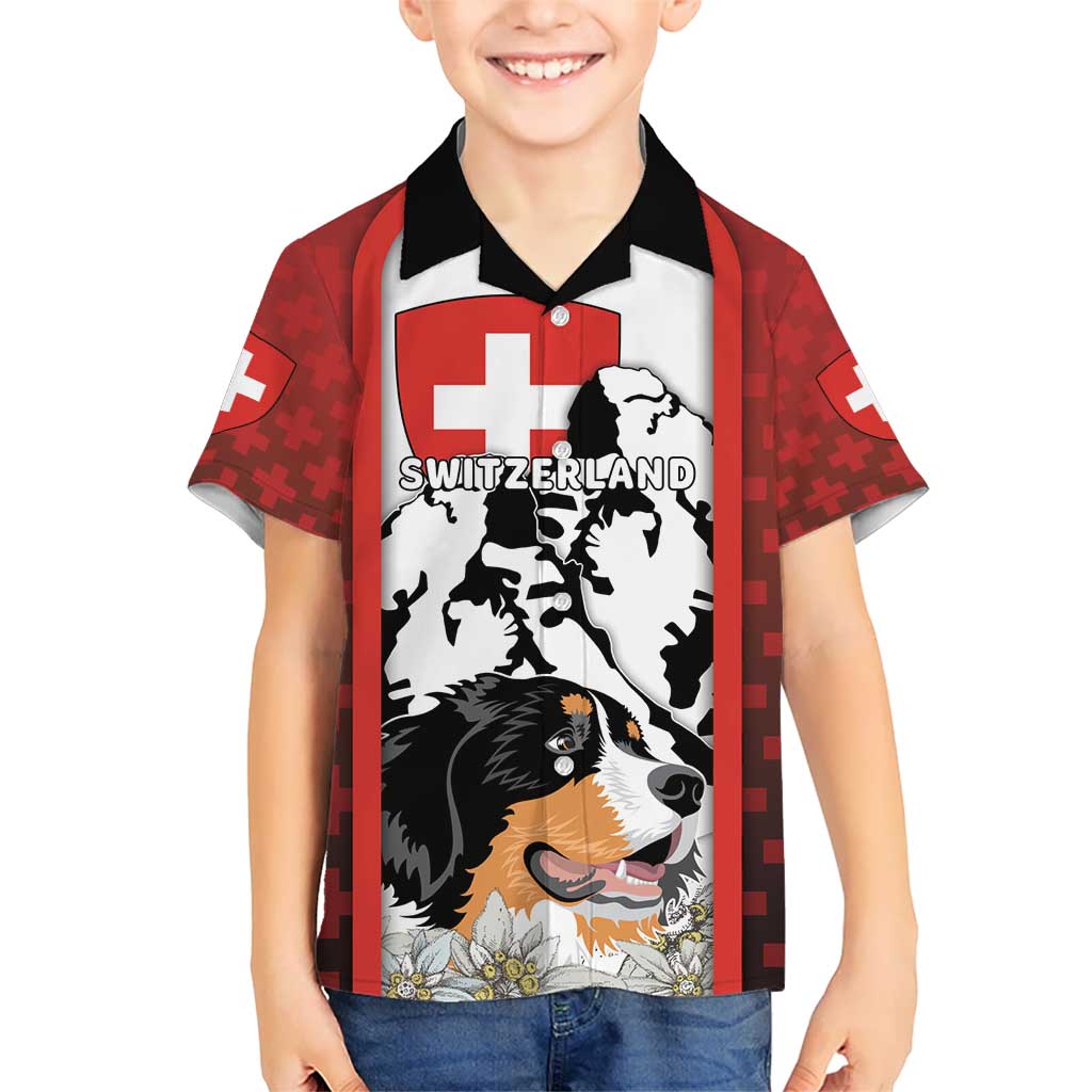 Switzerland Bernese Mountain Dog Kid Hawaiian Shirt Edelweiss Coat Of Arms