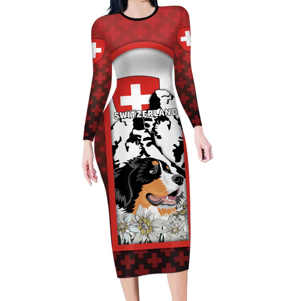 Switzerland Bernese Mountain Dog Long Sleeve Bodycon Dress Edelweiss Coat Of Arms