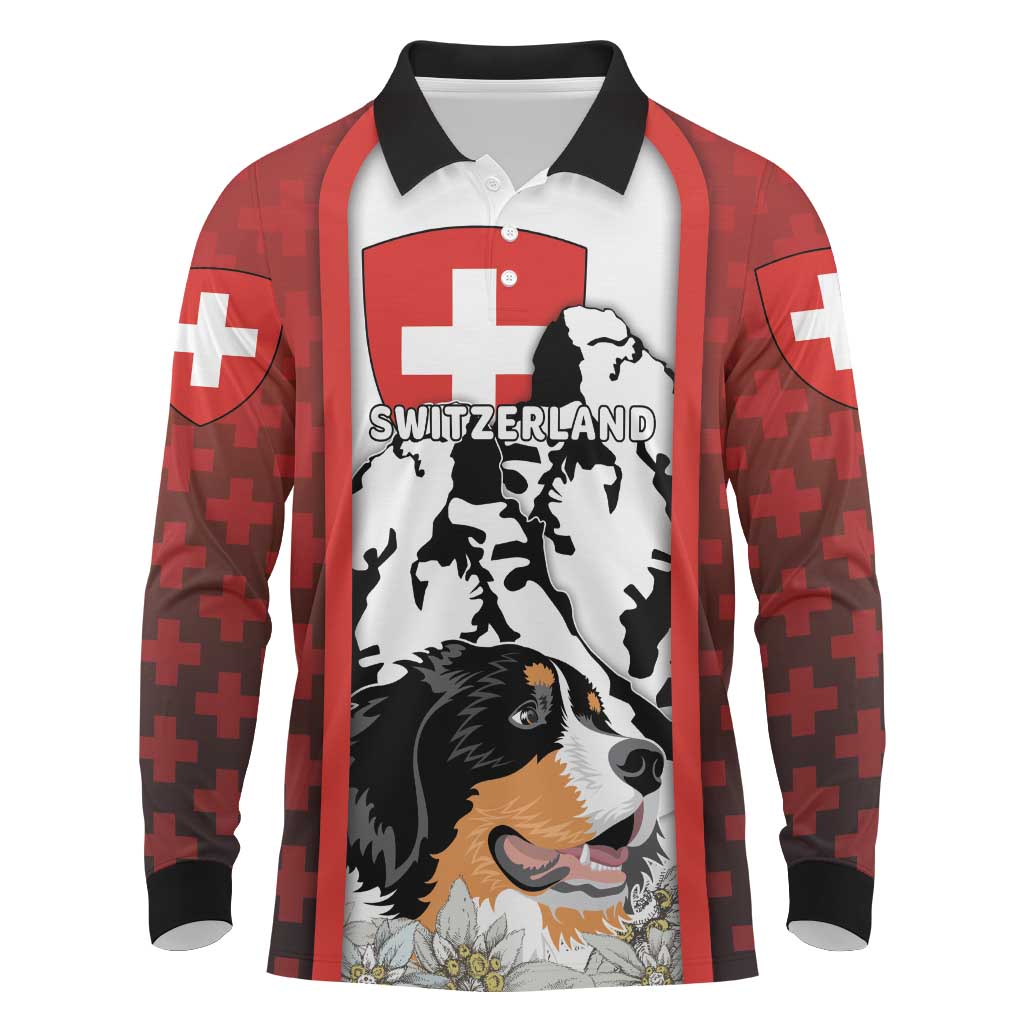 Switzerland Bernese Mountain Dog Long Sleeve Polo Shirt Edelweiss Coat Of Arms