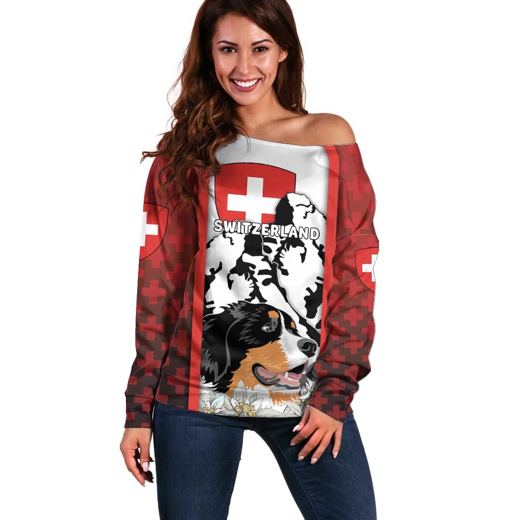 Switzerland Bernese Mountain Dog Off Shoulder Sweater Edelweiss Coat Of Arms