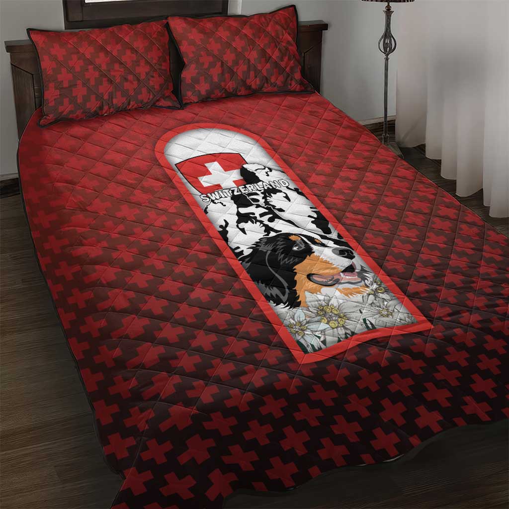 Switzerland Bernese Mountain Dog Quilt Bed Set Edelweiss Coat Of Arms