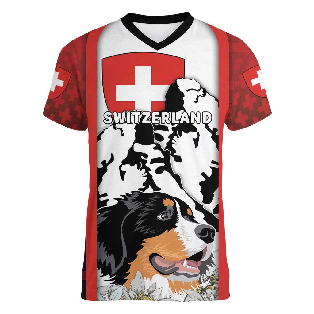 Switzerland Bernese Mountain Dog Women V-Neck T-Shirt Edelweiss Coat Of Arms