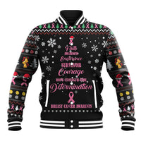 Black unisex baseball jacket with holiday snowflake print, pink ribbon graphic, striped rib trim