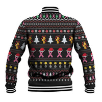 Black unisex baseball jacket with holiday patterns, pink ribbon icons, striped collar cuffs