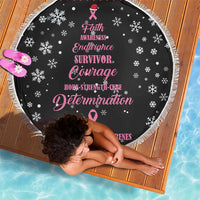 Black circular breast cancer awareness blanket with pink ribbon, Courage text, fringe