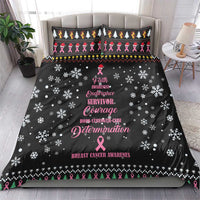 Black bedding set on bed with pink ribbon word art, white snowflakes and festive border