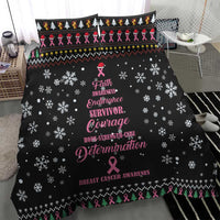 Black duvet bedding set with pink ribbon design, white snowflakes and colorful holiday trim