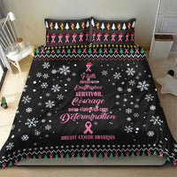 Black Christmas bedding set on bed with pink ribbon graphic and scattered white snowflakes