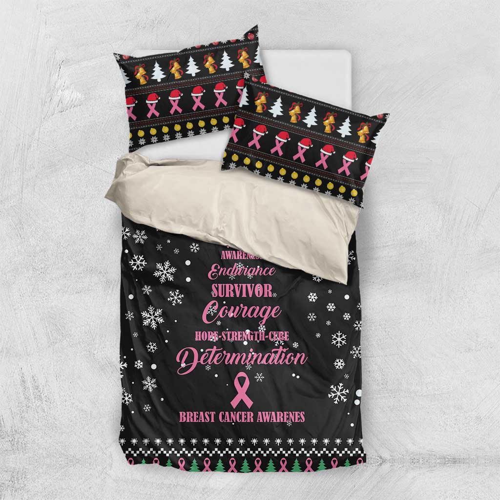 Black bedding set with duvet and two pillowcases, pink ribbon text, snowflakes and border